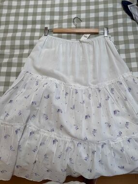 Anthropologie white cotton Midi Skirt with Lavender Floral Print